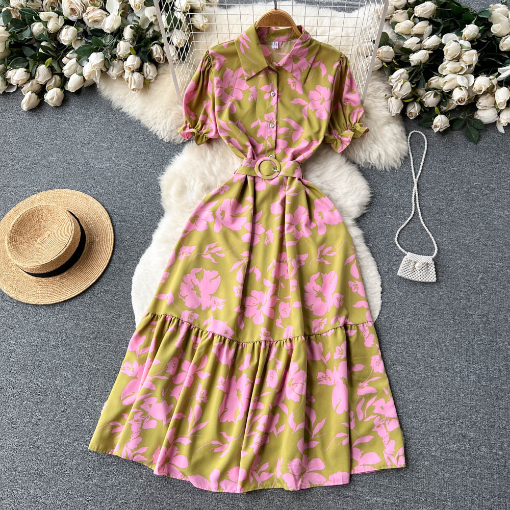 Vintage Lapeled Big Floral Shirt Dress