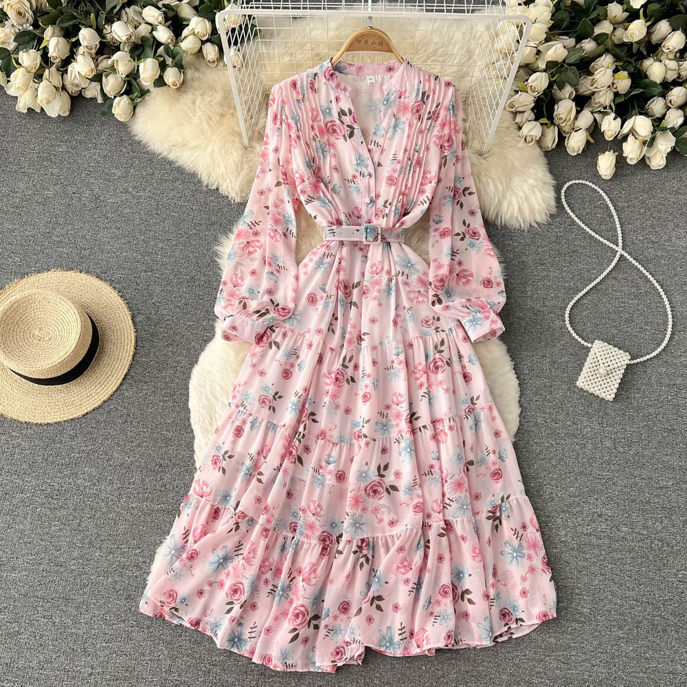 V-neck Chiffon Floral Long-sleeve Dress
