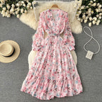 V-neck Chiffon Floral Long-sleeve Dress