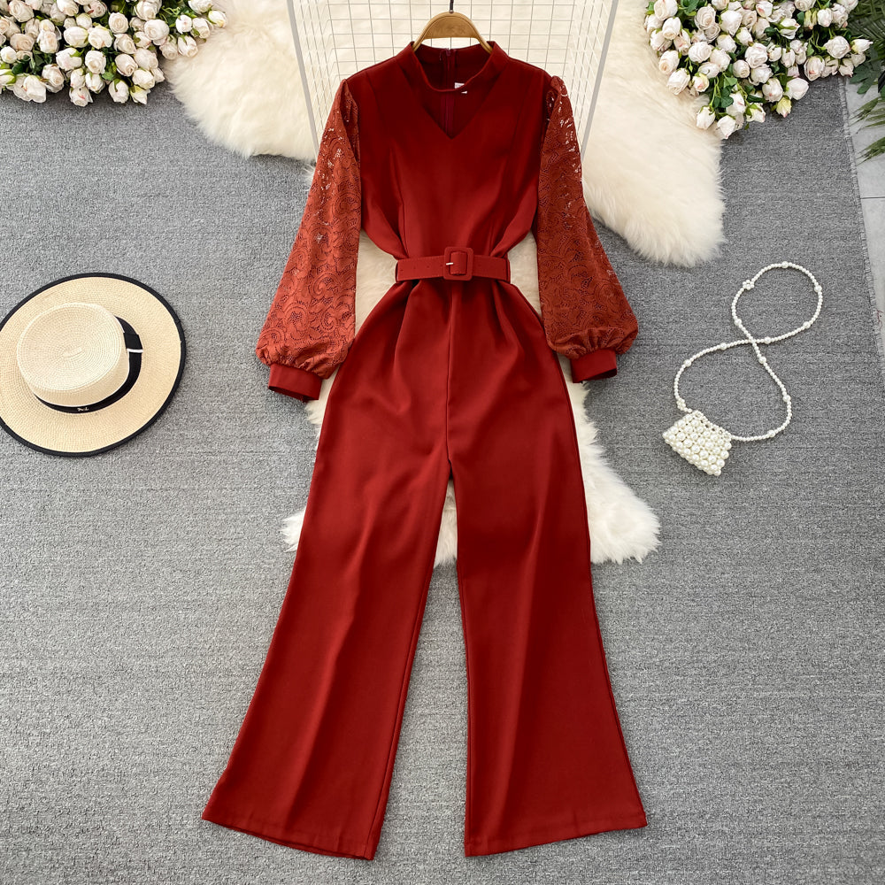 Vintage V-neck Lace Patchwork Jumpsuit