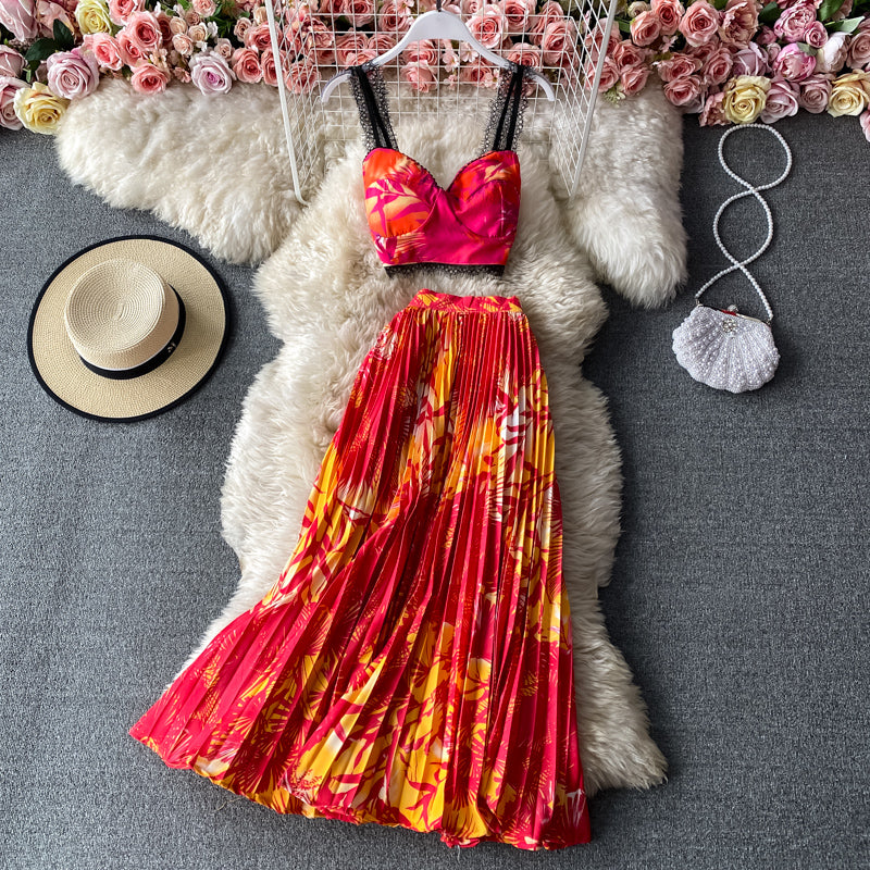Camisole&Pleated Half-body Skirt 2Pcs