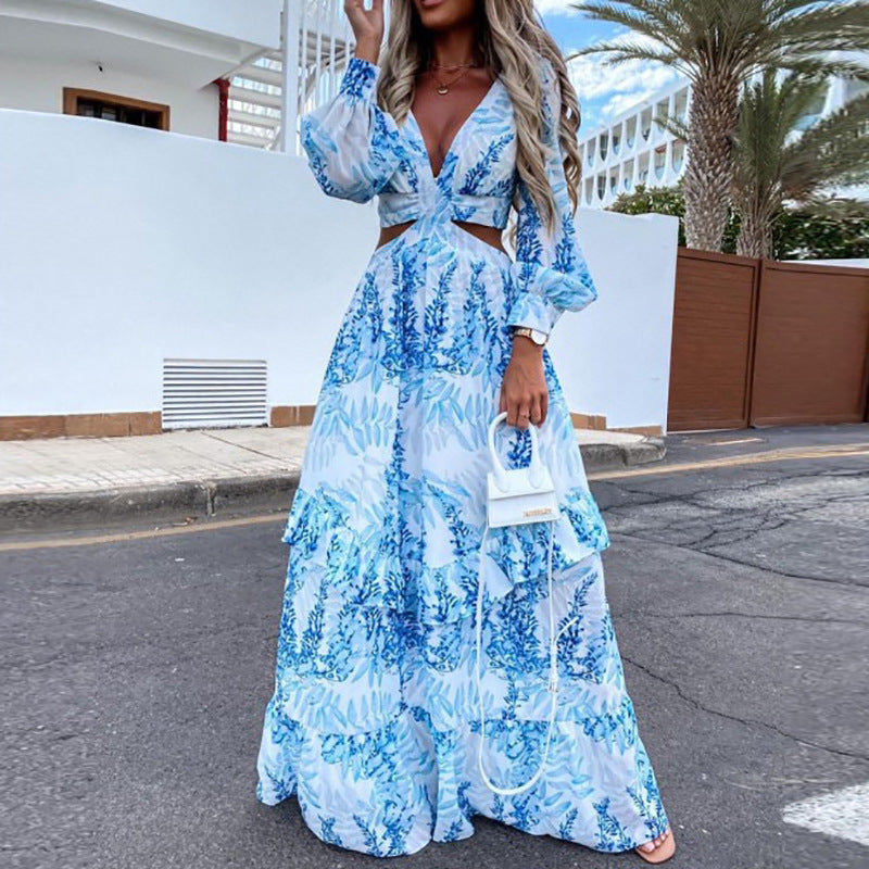 V-neck Hollowed Floral Beach Dress