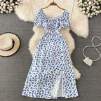 French Style Puff Sleeve Floral Dress