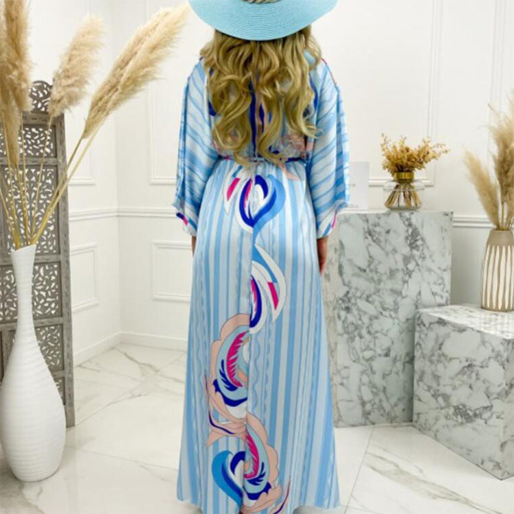 V-neck Printed Lace-up Beach Dress