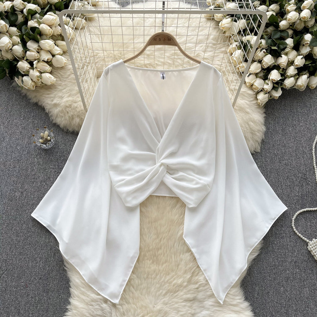 V-Neck Twisted Solid Color Chiffon Top