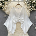 V-Neck Twisted Solid Color Chiffon Top