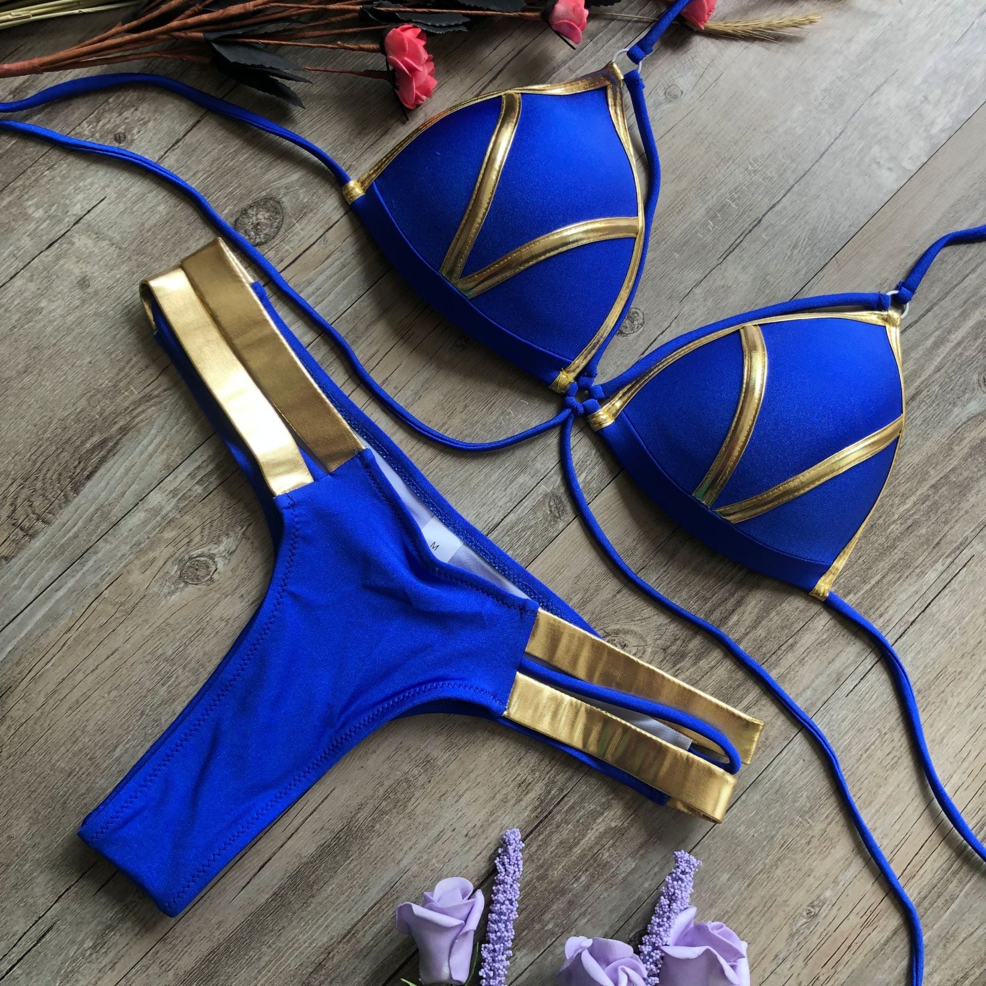 Stamping Patchwork Strappy Bikini