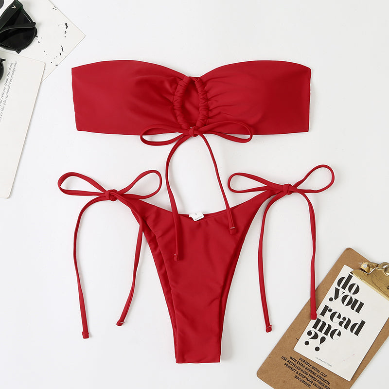Solid Lace-up Hip-wrap Padded Bikini