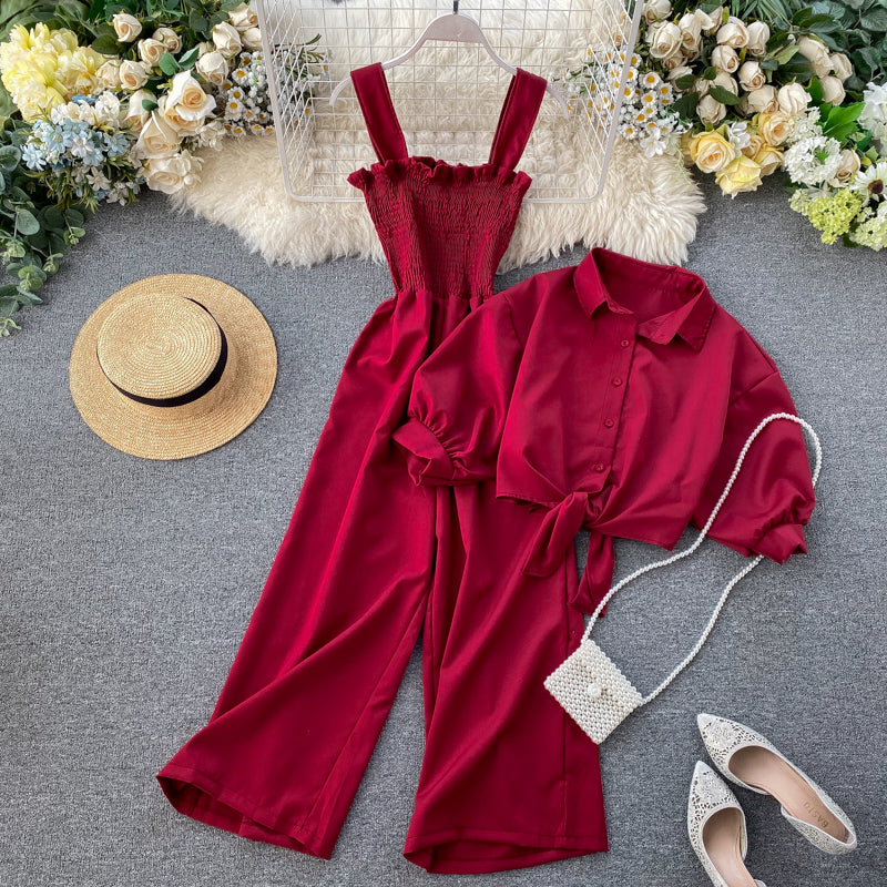 Stand-collar Cardigan&Jumpsuit 2pcs