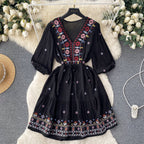 Bohemian Embroidered Drawstring Floral Dress