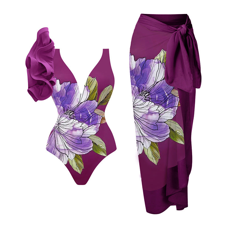 Ruffled Printed One-piece Swimwear&Skirt 2Pcs