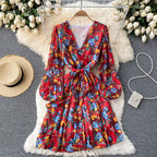 V-neck Waistband Ruffle Dress