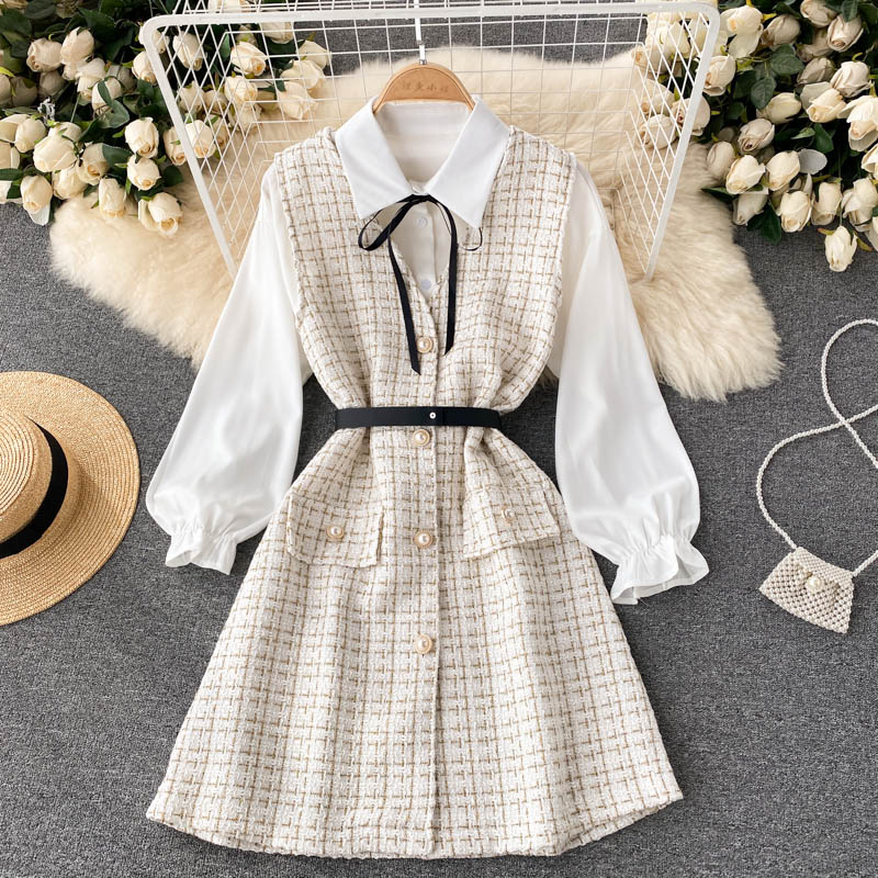 Two-piece Puff Sleeve Shirt Houndstooth Dress