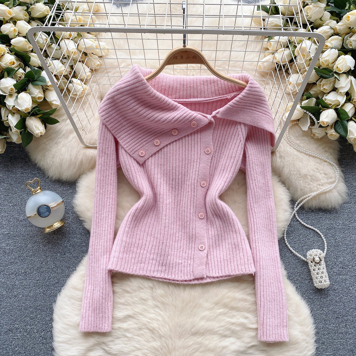 Lapel Collar Solid Color Knitwear