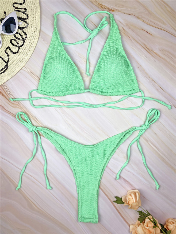 Solid Coloured Lace-up Three-point Bikini