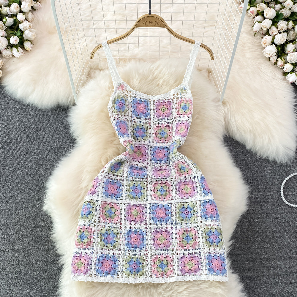 Backless Colourful Crocheted Slip Dress