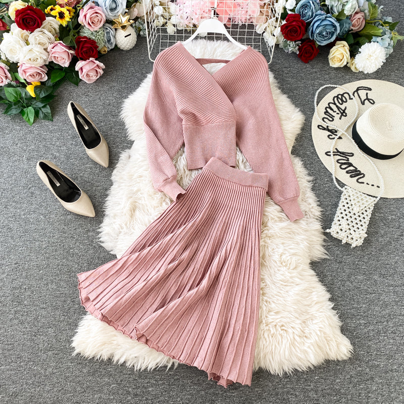 Two-piece Bright Silk Knitted Sweater + Skirt