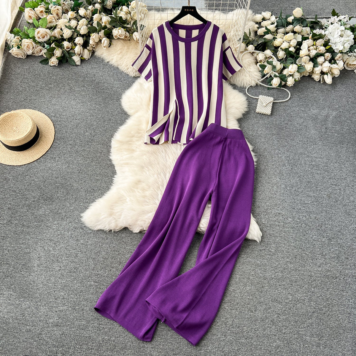 Striped Sweater&Wide-leg Trousers Knitted 2Pcs