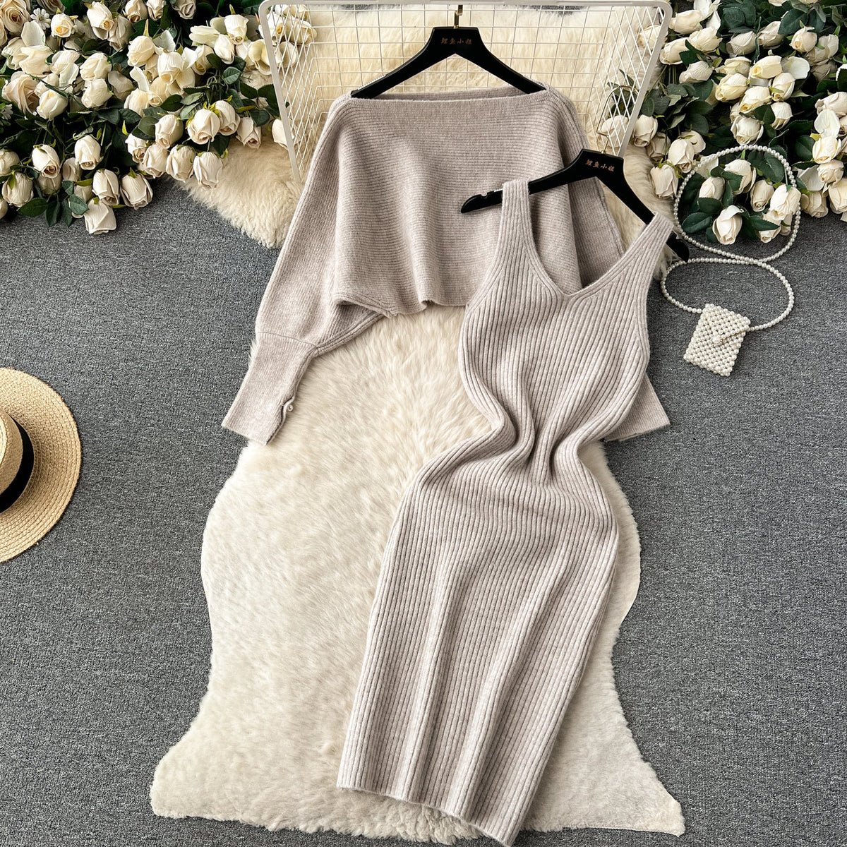 Loose Sweater&Slip Dress Knitted 2Pcs