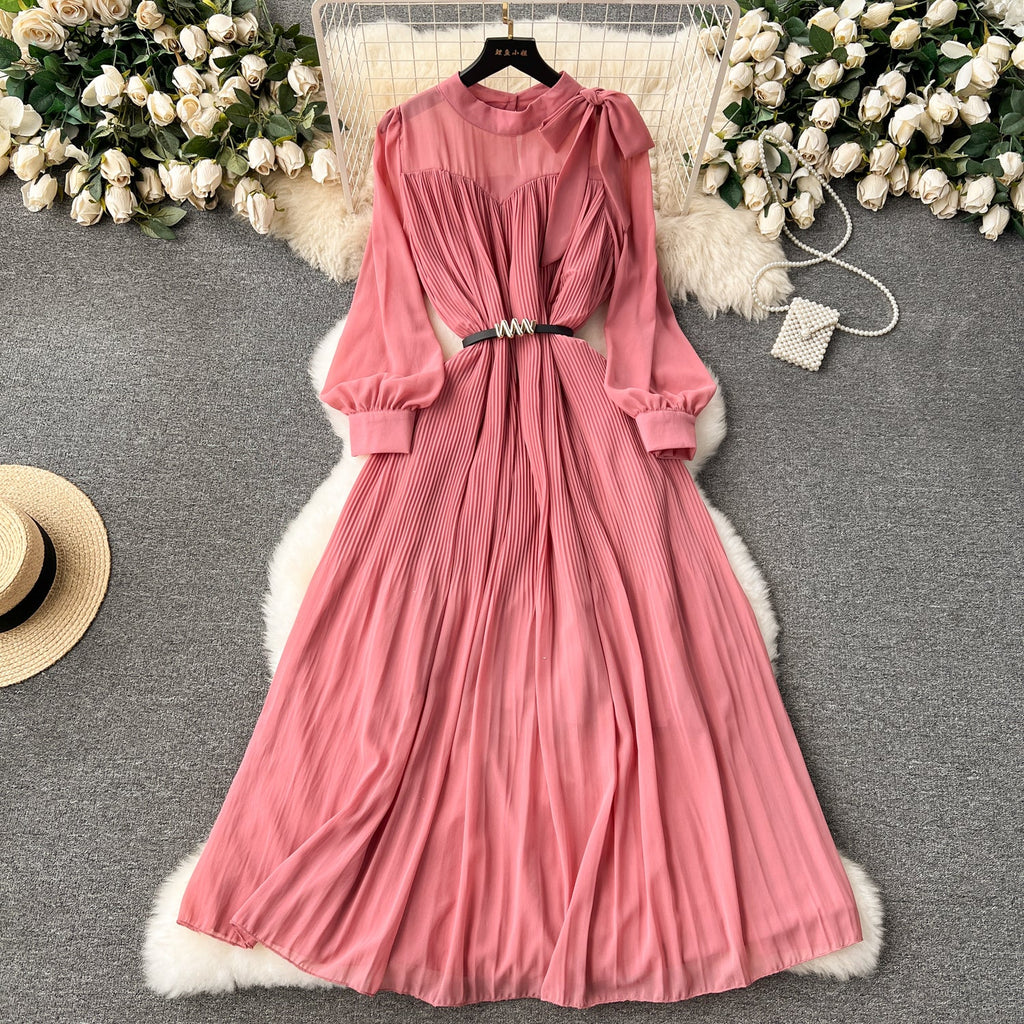 Bow-tie Pleated Chiffon Maxi Dress