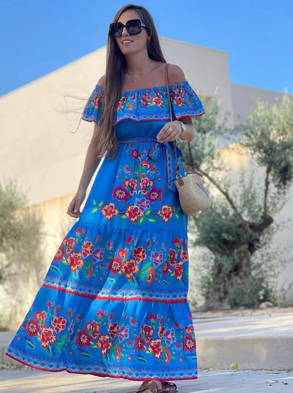 Off-shoulder Lace-up Floral Beach Dress