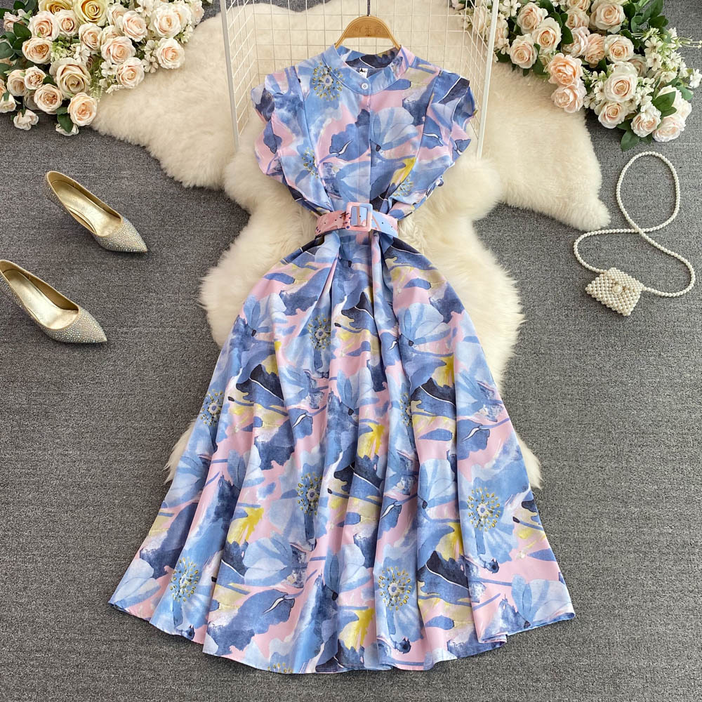 Stand Collar Floral Printed A-line Dress