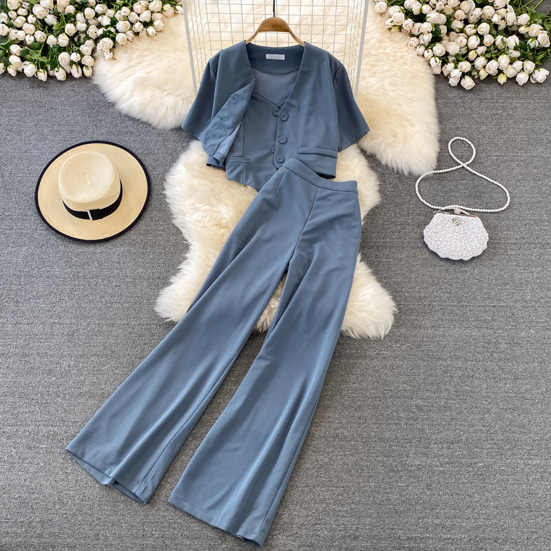 Camisole Short V-Neck Shirt Jacket Long Pants Three Piece