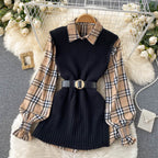 Two-piece Tartan Shirt Split Knit Vest