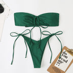 Solid Color Pleated Lace-up Bikini