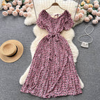 Fairy Pleated Lace-up Floral Dress