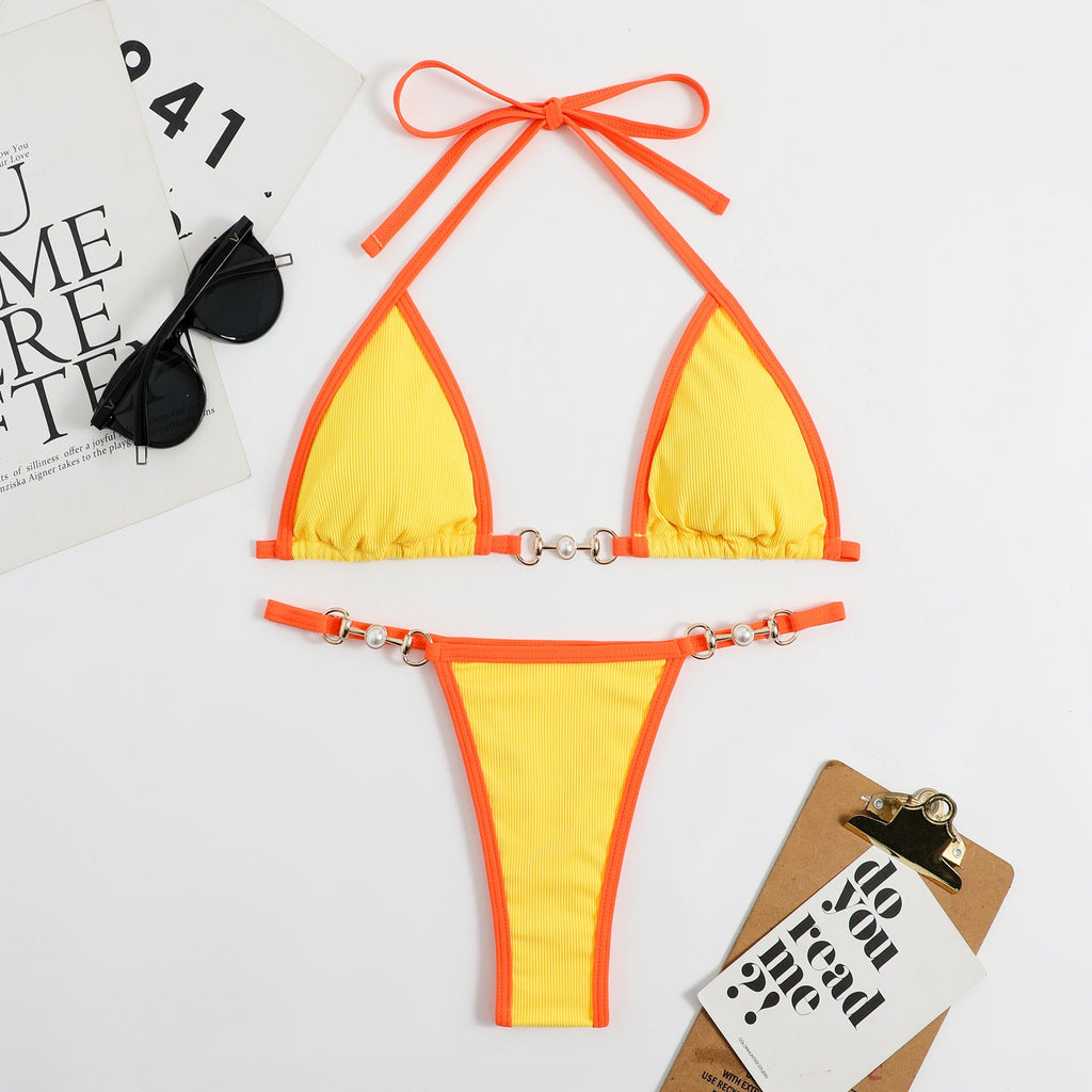 Pit-striped Fabric Color Blocking Bikini