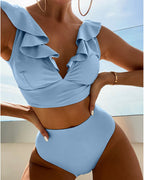 V-neck Ruffled Neckline High-waist Tankini