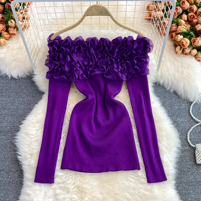 Three-dimensional Floral Off-shoulder Sweater