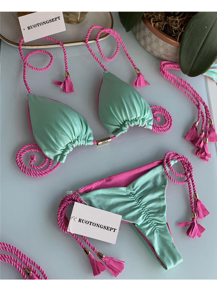 Colorful Backless Braided String Bikini