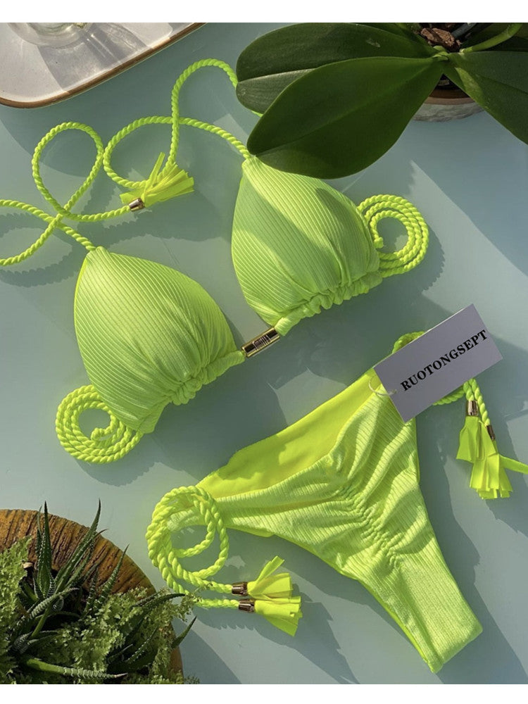 Solid Special Fabric Tassel Bikini