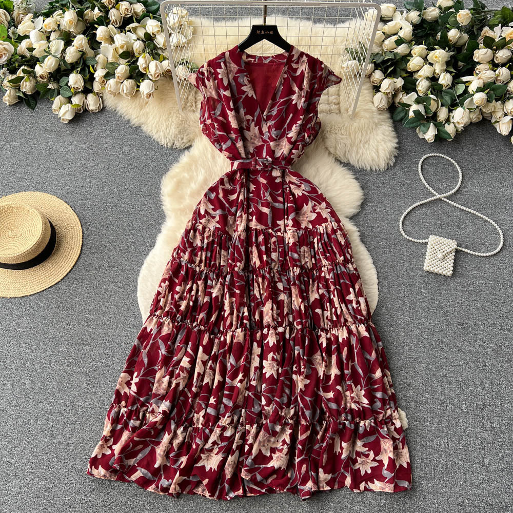 Vintage V-neck Sleeveless Floral Dress