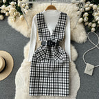 Bottom Sweater&Houndstooth Strappy Dress 2Pcs