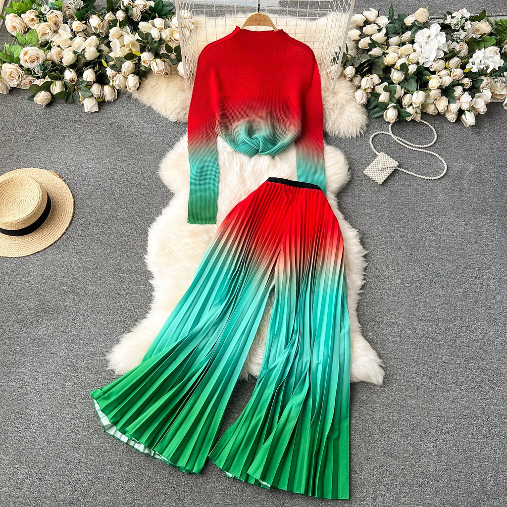 Pleated Knitwear&Wide-leg Trousers Printed 2Pcs