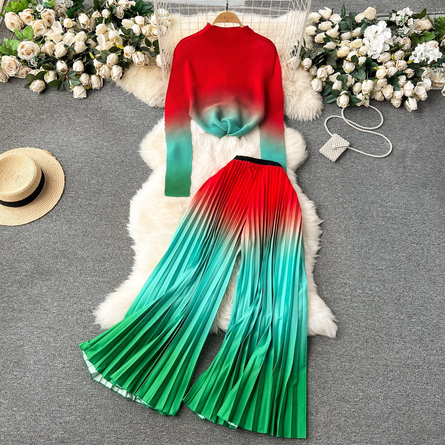 Pleated Knitwear&Wide-leg Trousers Printed 2Pcs