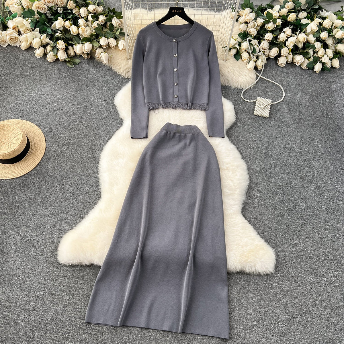 Cardigan&Half-body Skirt Fringed Knit 2Pcs
