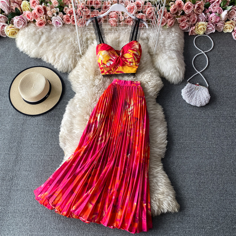 Camisole&Pleated Half-body Skirt 2Pcs