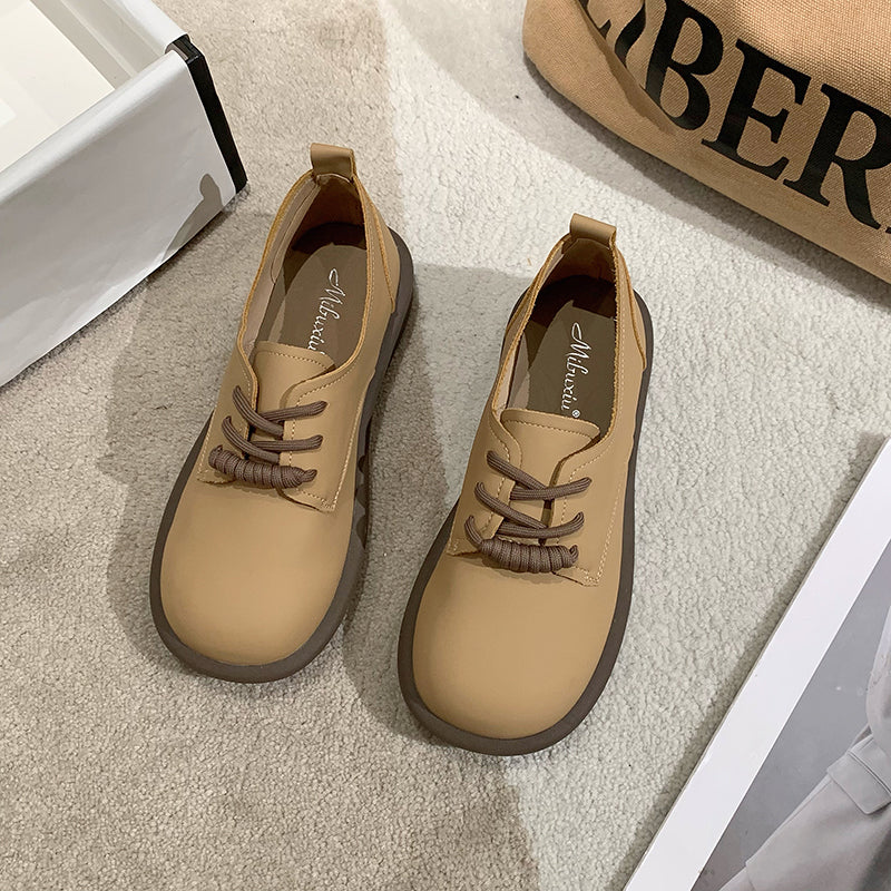 Round-toe Lace-up Flat Soft PU Shoes