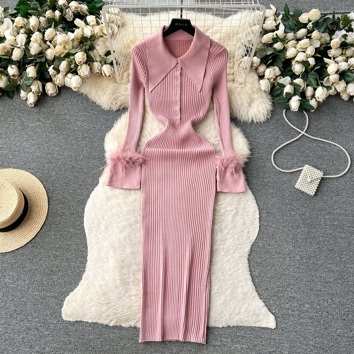 Lapel Furry Cuff Knitted Dress