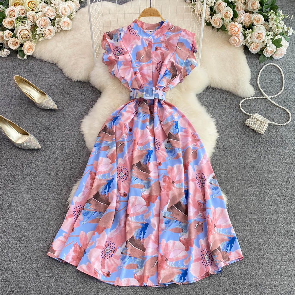 Stand Collar Floral Printed A-line Dress