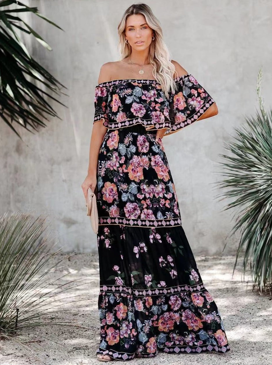 Off-shoulder Lace-up Floral Beach Dress