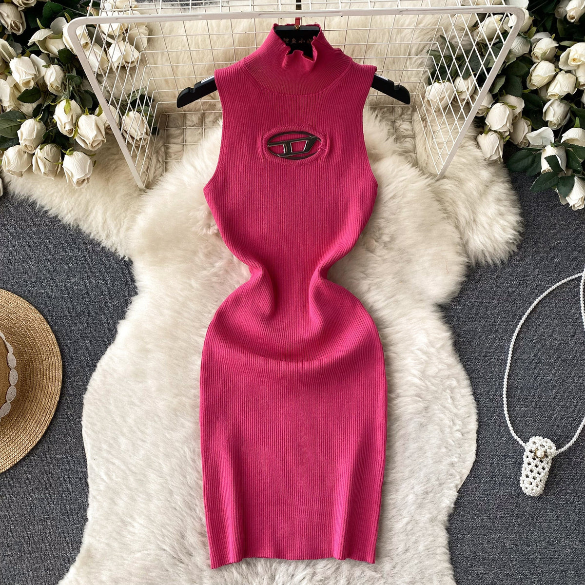 Hollowed Semi-turtleneck Slim Knitted Dress