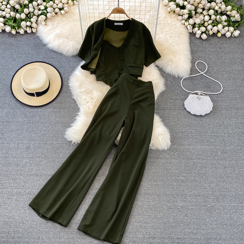 Camisole Short V-Neck Shirt Jacket Long Pants Three Piece