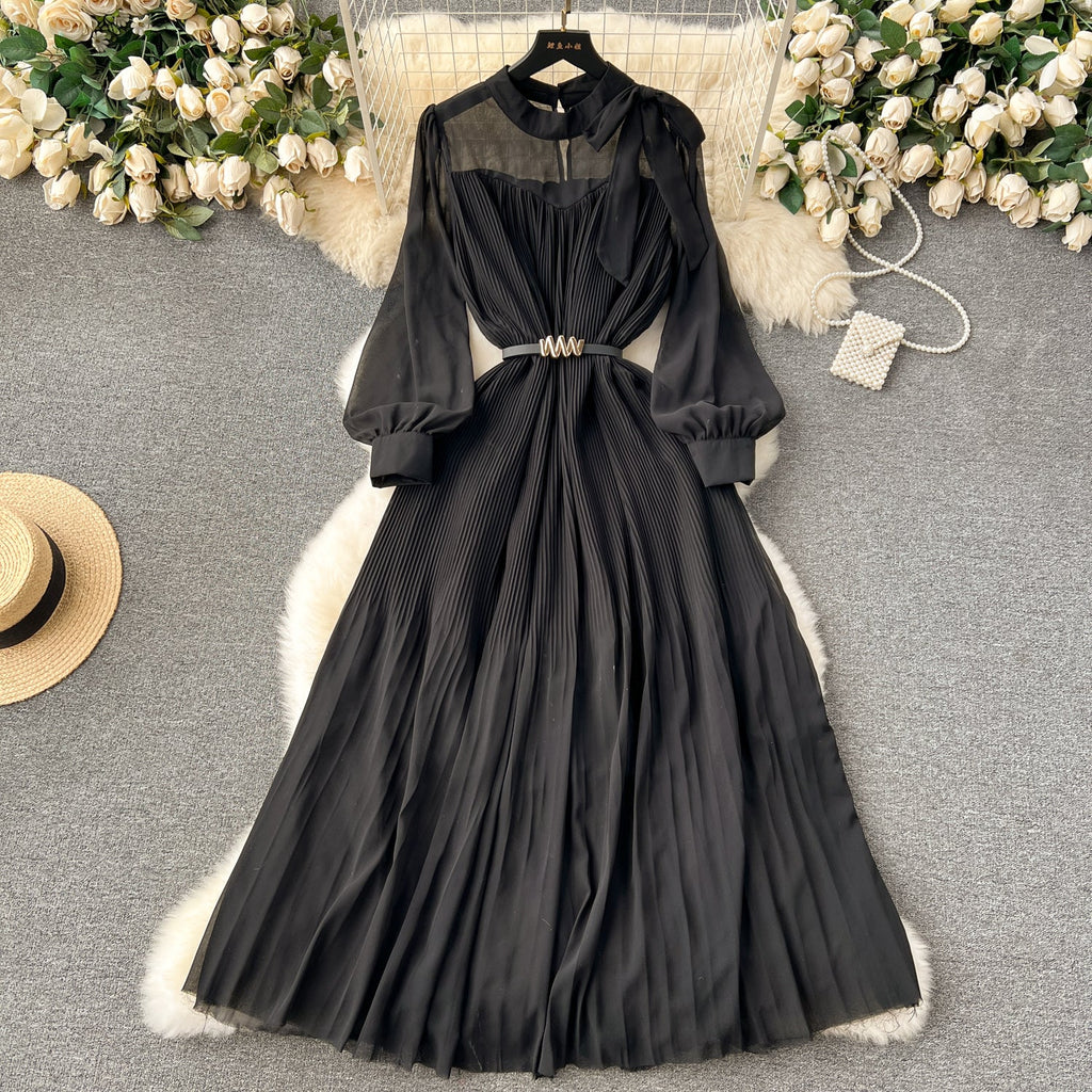 Bow-tie Pleated Chiffon Maxi Dress