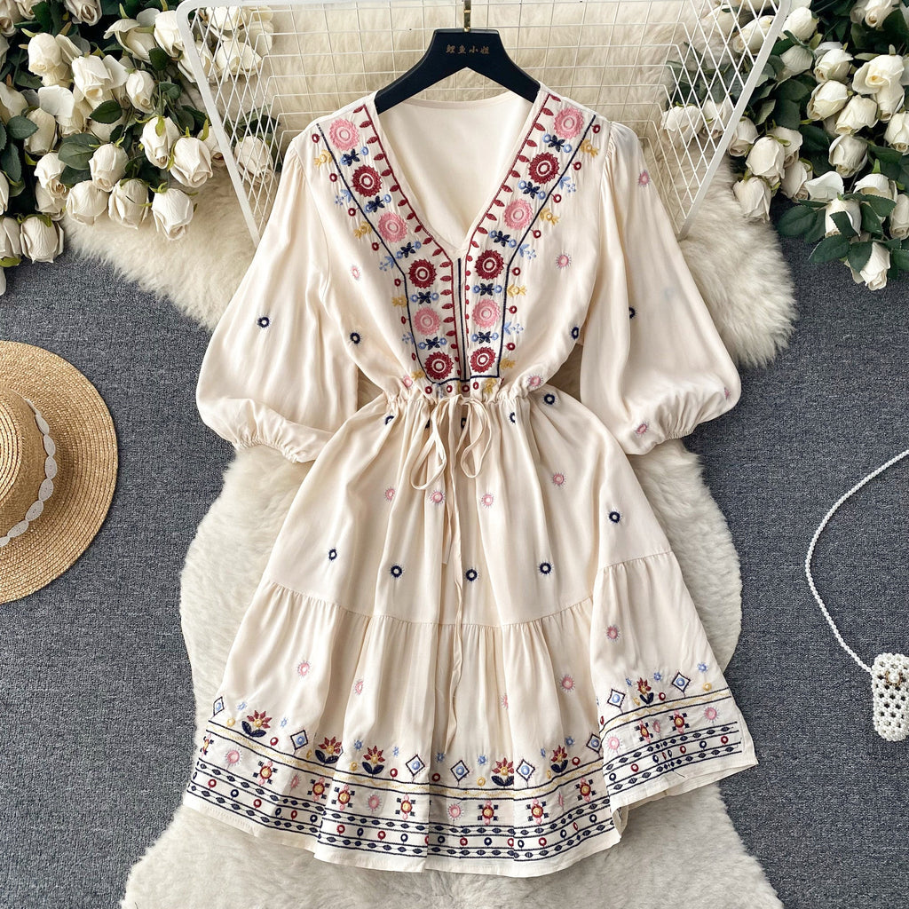 Bohemian Embroidered Drawstring Floral Dress