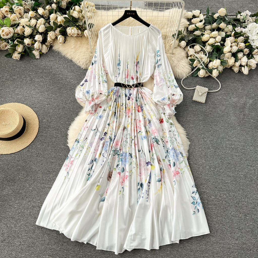 Floral Printed High-waist Pleated Dress